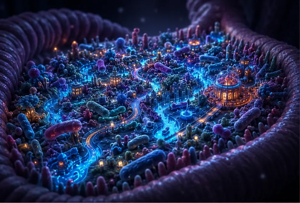 Ilustración editorial 3D de un ecosistema microscópico dentro del intestino, con bacterias, estructuras orgánicas y caminos luminosos en azul eléctrico que representan la relación entre microbiota, digestión, inmunidad y metabolismo.
