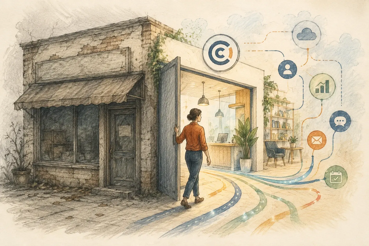Ilustración de una persona que transforma un sitio web antiguo en una plataforma moderna, conectada y preparada para crecer en 2026.