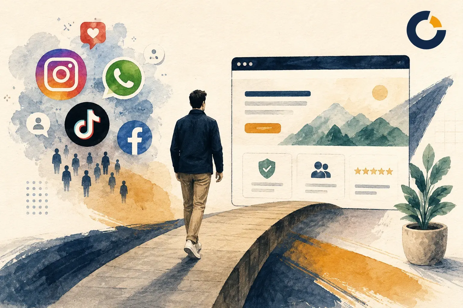 Ilustración editorial de una persona avanzando desde las redes sociales hacia un sitio web, representando cómo una página web genera confianza y complementa la presencia digital de un negocio.