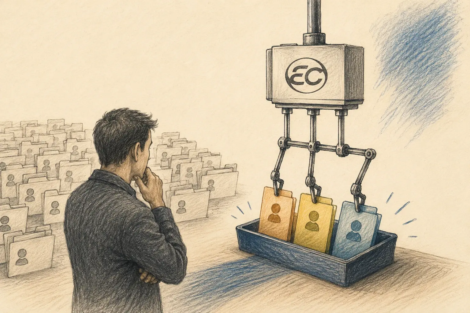 Ilustración editorial de un vendedor observando cómo un sistema impulsado por inteligencia artificial prioriza los leads con mayor probabilidad de compra.