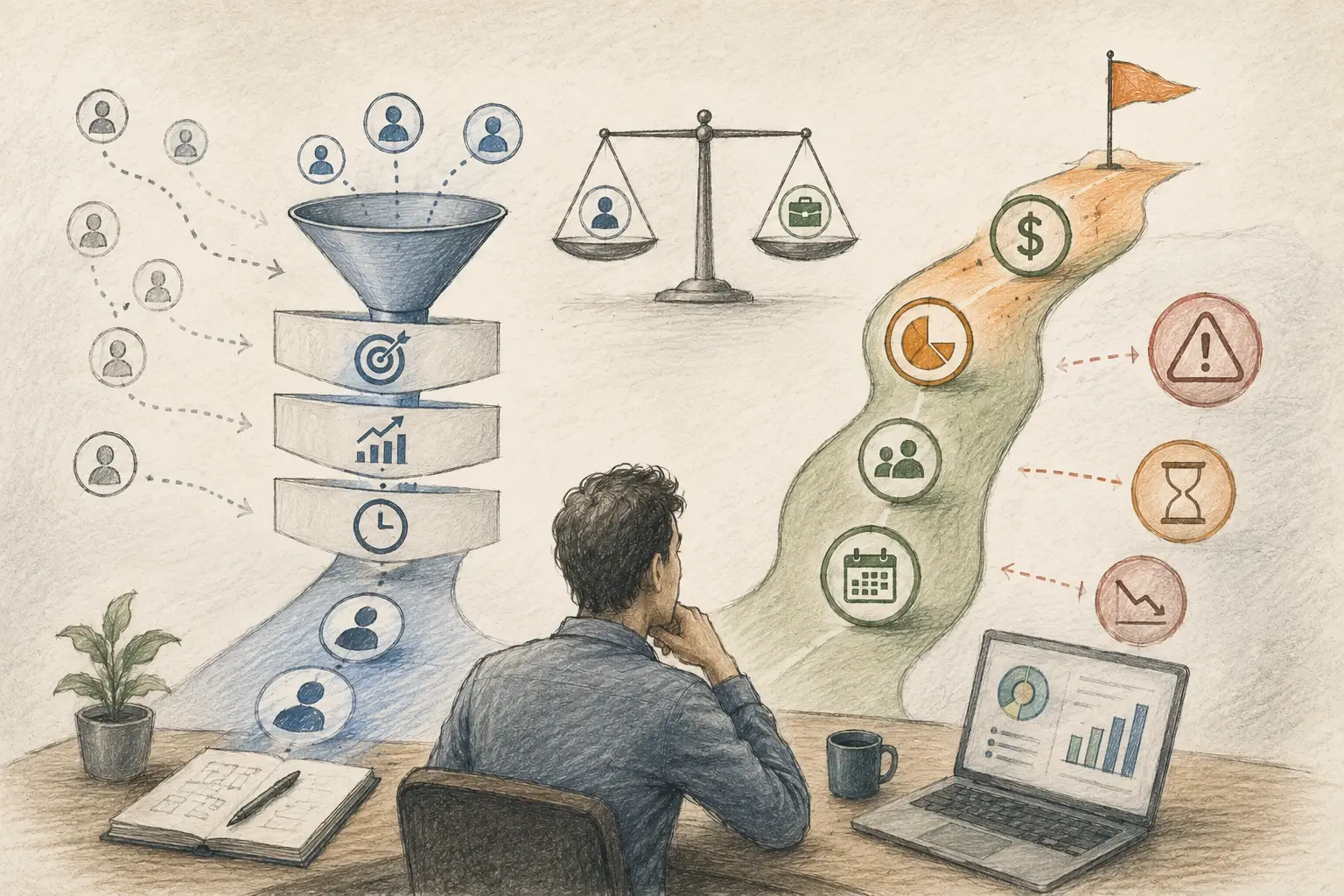 Ilustración de un vendedor analizando y priorizando leads y oportunidades comerciales según intención, potencial, urgencia y riesgo.