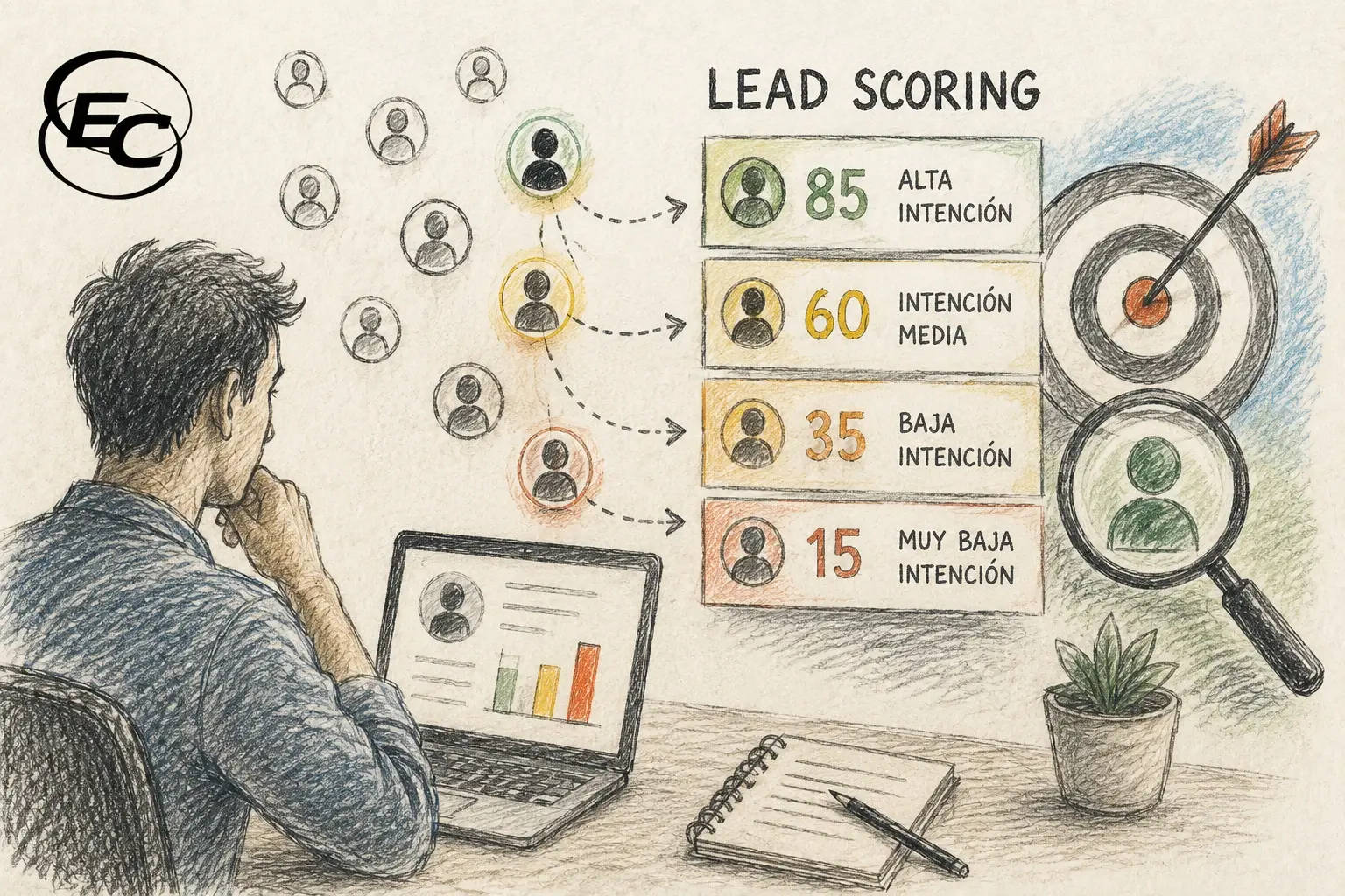 Ilustración editorial de una persona priorizando leads según su nivel de intención de compra mediante un sistema de Lead Scoring.