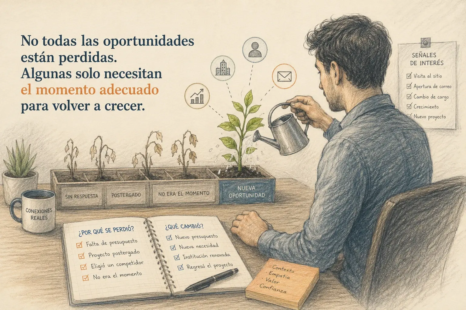 Ilustración de un vendedor regando una planta que vuelve a crecer, como metáfora de reactivar leads antiguos y recuperar oportunidades comerciales perdidas.