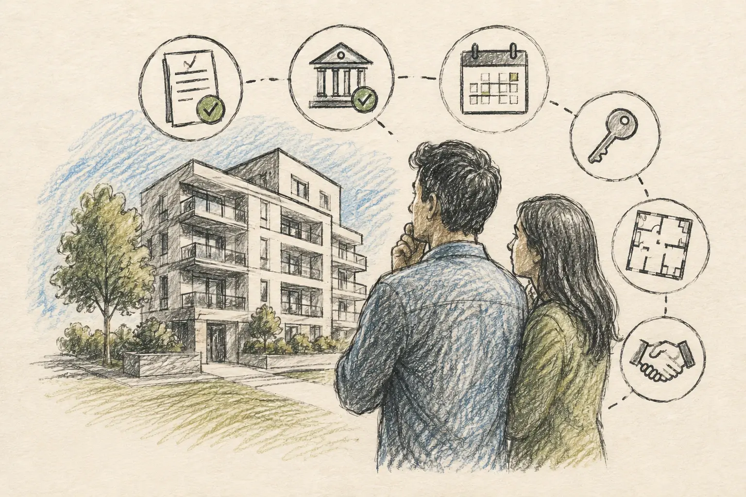 Ilustración editorial de una pareja evaluando la compra de un departamento mientras analiza las principales etapas del proceso inmobiliario antes de tomar una decisión.