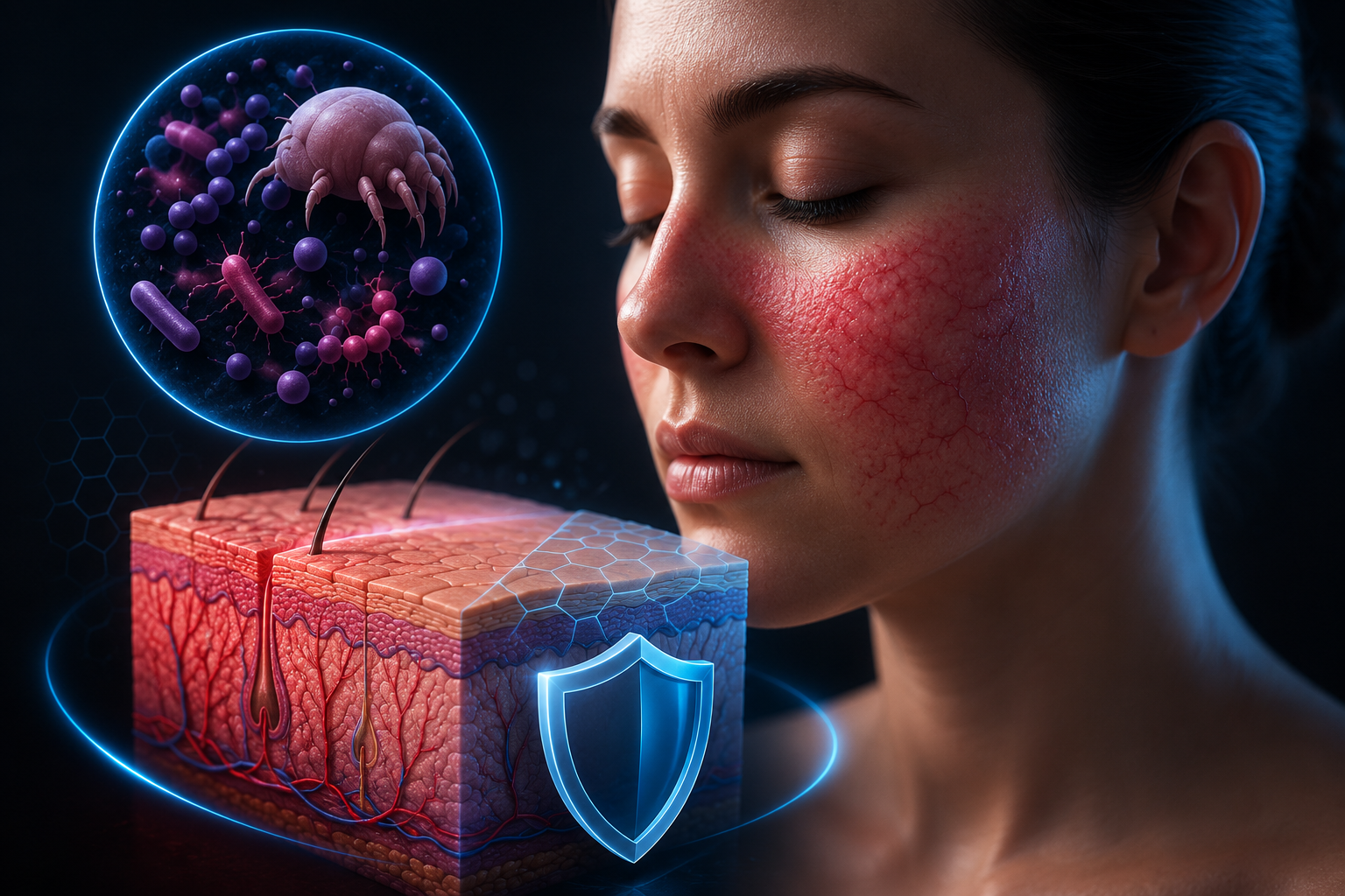 Ilustración científica sobre la rosácea que muestra el enrojecimiento facial, el microbioma de la piel y una sección anatómica cutánea, representando las nuevas investigaciones sobre las causas, la inflamación y los tratamientos de la enfermedad.