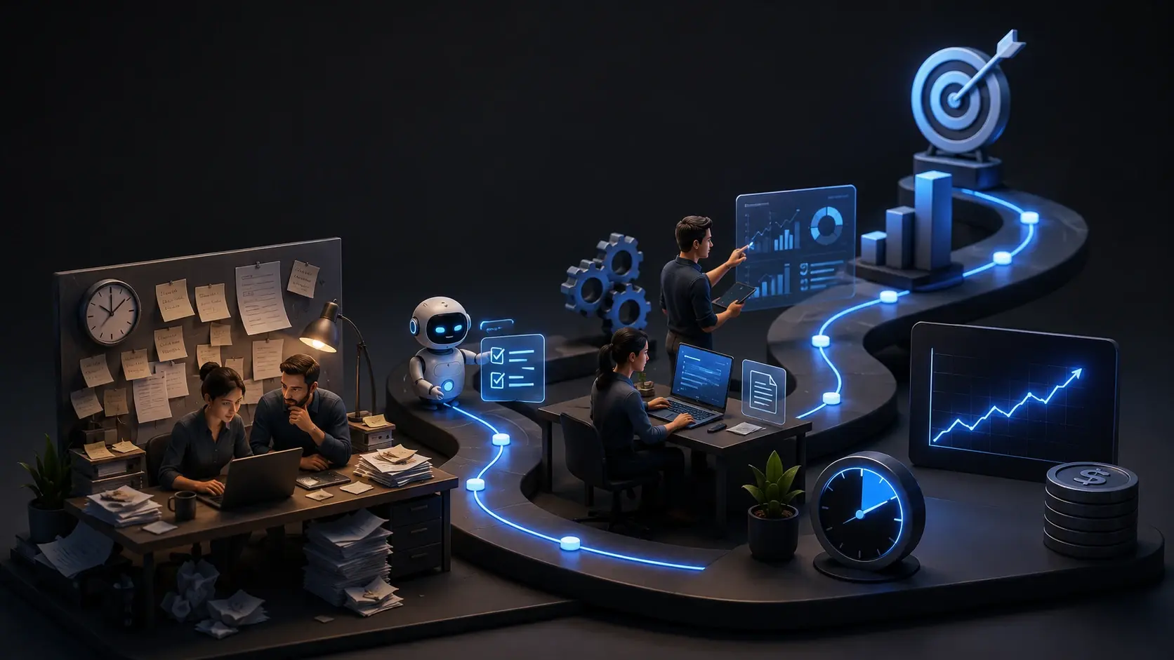 Ilustración editorial 3D que representa la transformación de una pyme desde procesos manuales hacia un flujo de trabajo asistido por inteligencia artificial, con métricas, automatización y mejora continua simbolizadas por un recorrido iluminado hacia un objetivo.